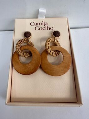 Camila Coelho Tan and Brown Wooden Hoop Earrings with Woven Detail